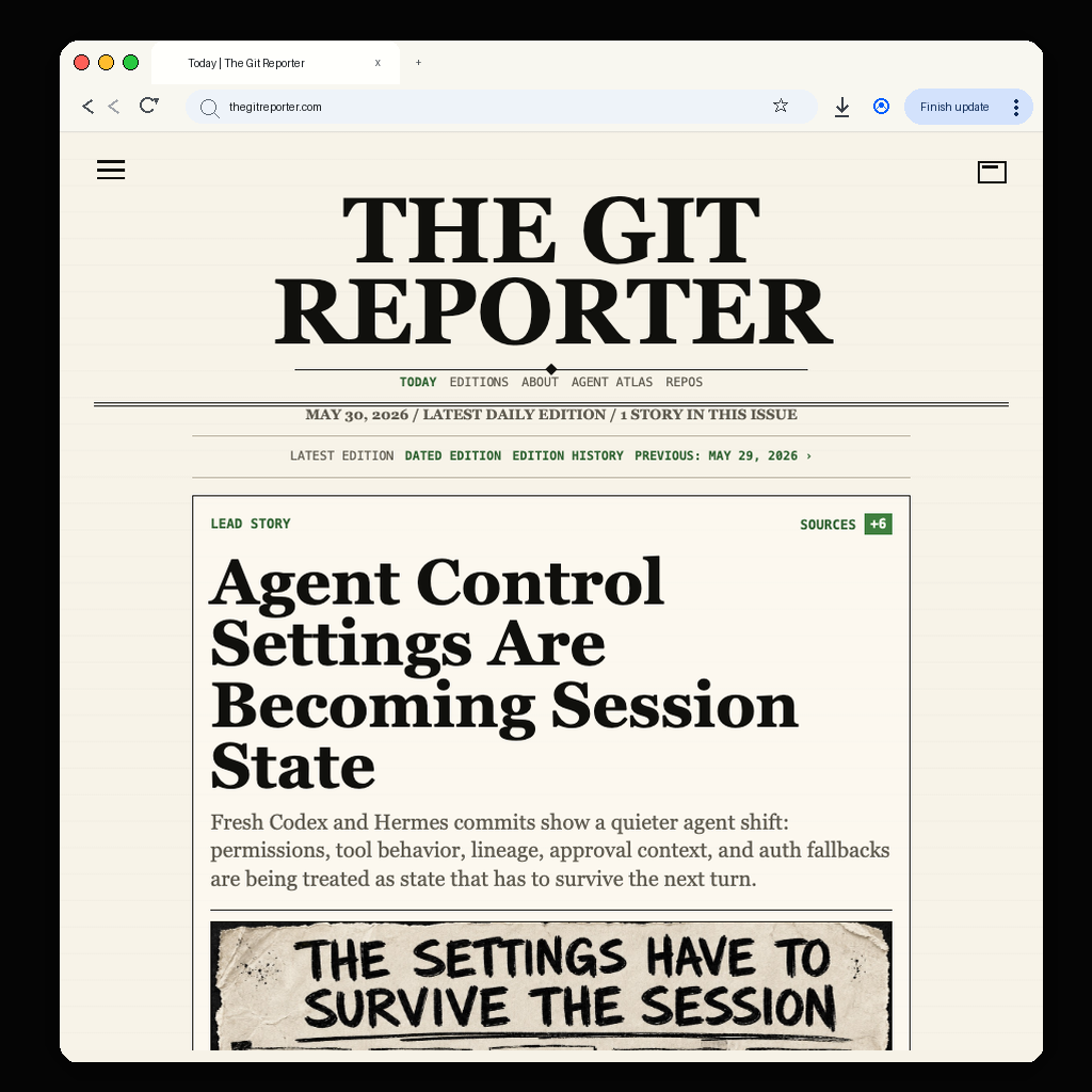 The Git Reporter homepage showing the latest daily edition